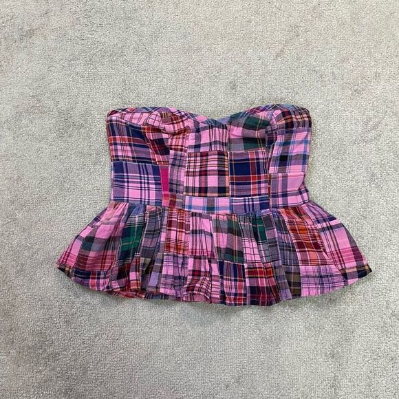 Free People Tops - Free People Pink Plaid Strapless Peplum Top